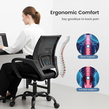 DUMOS Home Office Chair - Ergonomic Mid Back Mesh Desk Chair with Lumbar Support & Rocking Mode, Height Adjustable with Fixed Armrest, for Computer, Gaming, Meeting, 360° Swivel, Black, 2 Pack