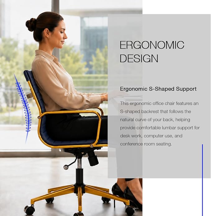 COROCC Office Desk Chair Modern Conference Room Task Chairs Leather Computer Swivel Excutive Ribbed Ergonomic Rolling Gold Desk Chair for Home Office