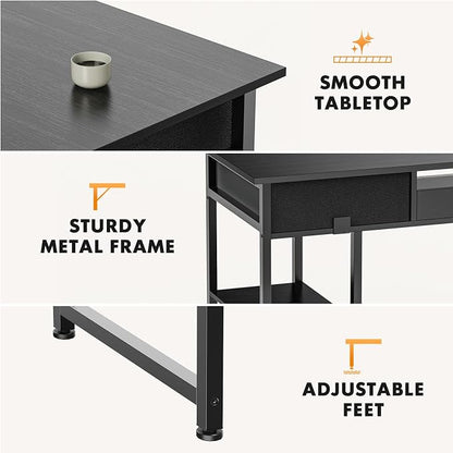 Sweetcrispy Computer Gaming Desk with Drawers- 48 Inch Home Office Bedroom Writing Study PC Table with Storage Shelves, Metal Frame Adjustable Feet, Pure Black