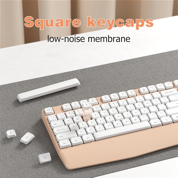 Wireless Keyboard and Mouse Combo, Ergonomic Keyboard with Wrist Rest, 2.4Ghz Wireless Connection, Compatible with PC/Laptop/Windows/Mac for Home and Office Use (White Milk Tea)