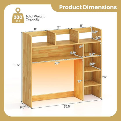 Tangkula Desktop Bookshelf with LED Lights, Desk Hutch with 8 Shelves for Max 25" Monitor, Desktop 5-Tier Display Rack, Wood Desktop Storage Hutch Organizer for Dorm Office Home, Burlywood