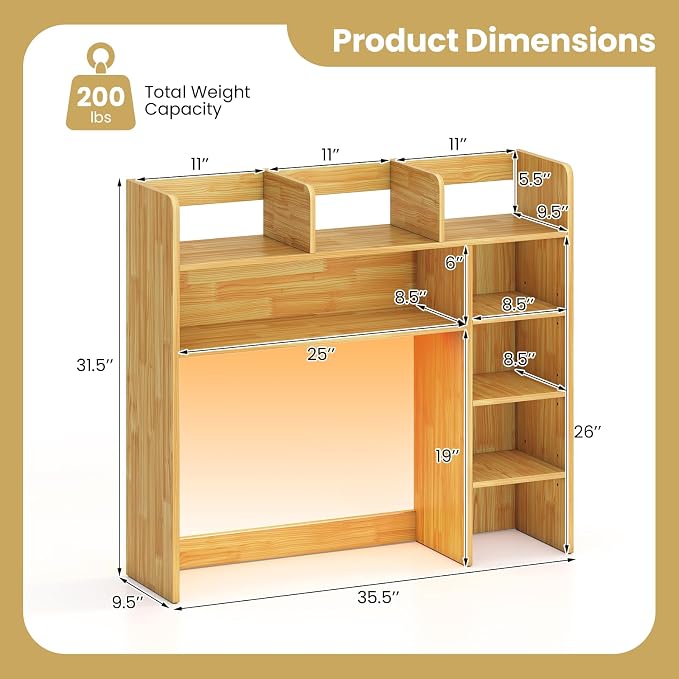 LDAILY Desktop Bookshelf with LED Lights, 35.5’’ Wooden Desk Shelf with 8 Cubes & 3 Adjustable Storage Shelves, 5-Tier Desk Hutch for Dorm College Office Computer Monitor Up to 25’’(Burlywood)