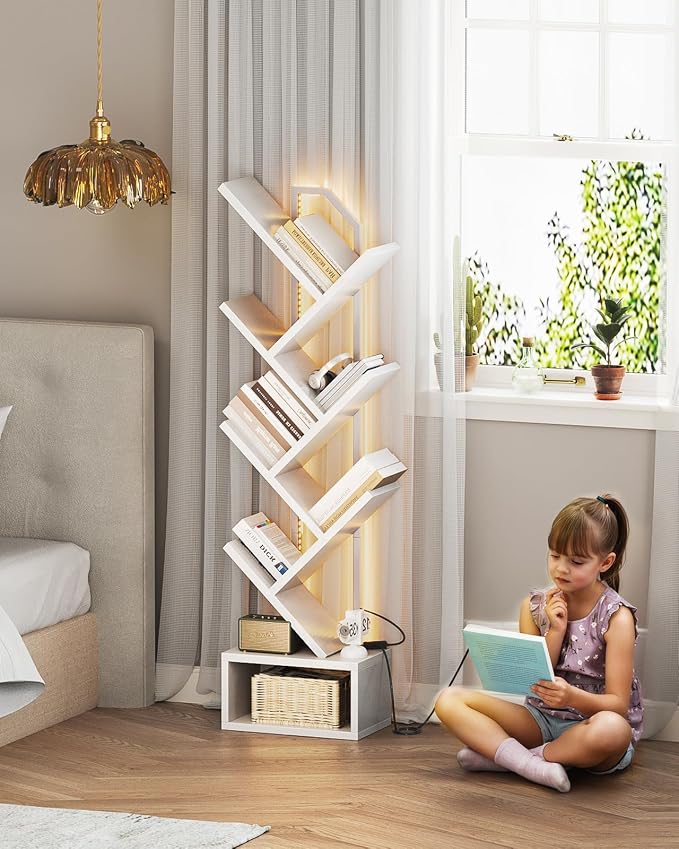 Casaottima Tree Bookshelf with LED Lights, 6-Tier Narrow Bookcase for Small Spaces, Tall Steel & Wood Storage Shelf with Cabinet, Home Decor & Organizer for Living Room/Bedroom/Home Office, White