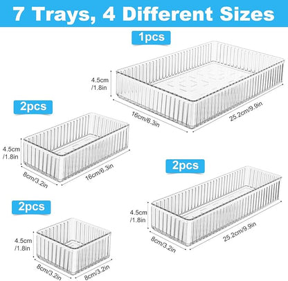 HOTOOLME 7PCS Clear Drawer Organizers Bins, 4 Size Stackable Makeup Drawer Organizer, Desk Plastic Drawer Storage Trays, Bathroom Drawer Storage for Cosmetics, Office Supply, Kitchen Utensils