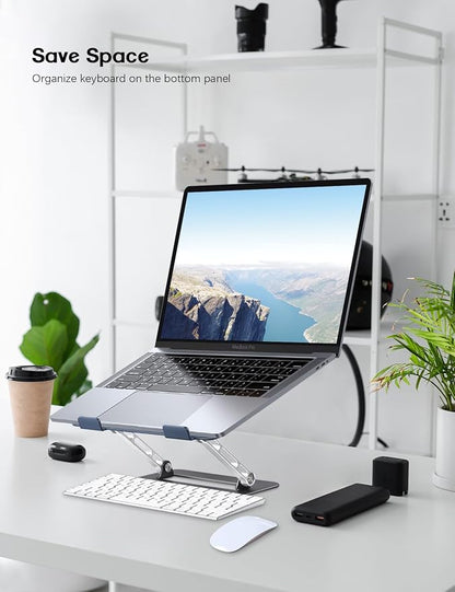 Aoviho Adjustable Laptop Stand for Desk,Portable Laptop Stand Holder and Riser,Foldable Aluminum Notebook Computer Stands for MacBook Air Pro HP Lenovo Dell Samsung, 10-15.6 inch (Navy-Silver-Black)