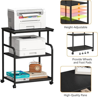 3-Tier Adjustable Large Printer Stand with Storage, Rolling Printer Cart with Lockable Wheels for Home, Office (Black)