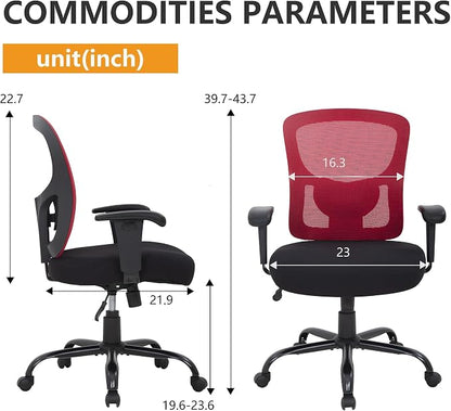 BestOffice Big & Tall Office Chair, 400 lb Capacity Mesh Desk Seating with Lumbar Support, Wide Seat, Adjustable Arms, Rolling Swivel High-Back Ergonomic Executive Task Model for Home Office, Red