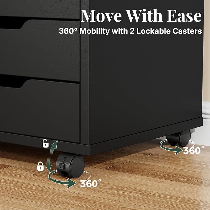 5-Drawer Mobile File Cabinet, Office Organizer with Door Black | Office Storage with Door and Adjustable Shelf Lockable Casters, Wood Printer Stand for Home Office, Living Room, Entryway