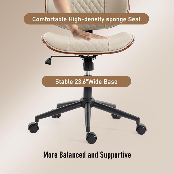 DYHOME Modern Walnut Home Office Chair with Wheels, Executive Office Desk Chair No Arms, Adjustable Height Small Desk Chair, Comfy PU, Deeper Cushion, Mid Back 360 Swivel Computer Chair, Beige