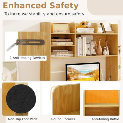 LDAILY 3-Tier Desktop Bookshelf, Wooden Desk Hutch for Computer Monitor Up to 32 Inch, Desk Organizer Shelf with Adjustable Shelf & 6 Storage Shelves, Desk Display Rack for Home Office Dorm(Burlywood)