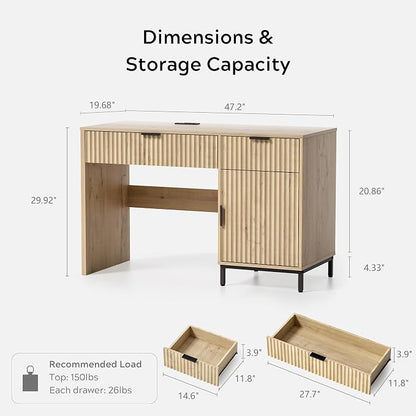 EYYTHUNG 47" Fluted Executive Desk, Modern Wood Home Office Desk with Charging Station, Drawer & Cabinet, Computer Writing Desk for Work Study, Light Oak