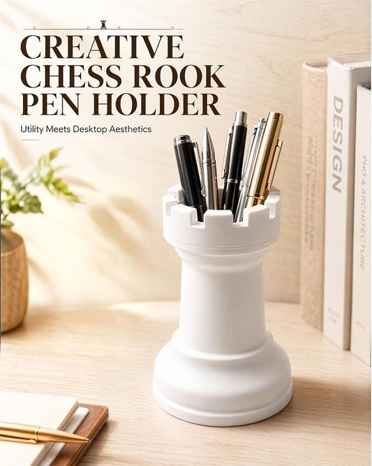 Chess Rook Pen Holder, 3D Printed Chess Piece Desk Organizer for Home Office Decor, Black (White)
