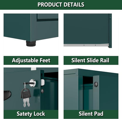 Polup 2 Drawer File Cabinet with Lock, Office File Cabinet with Drawers for Under Desk, Small Filling Cabinet for Home Office, Green, Assembly Required