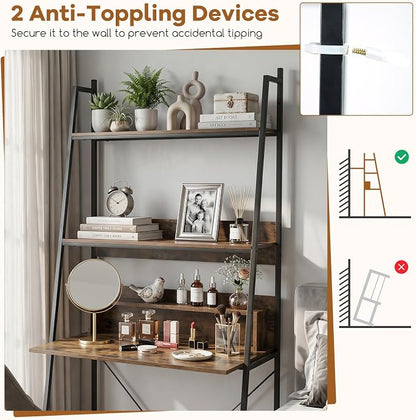Tangkula 3-Tier Ladder Computer Desk, 71 Inch Modern Writing Desk with Storage Shelves, PC Laptop Workstation, Ladder Bookcase Stand Shelf with Metal Frame, Study Shelf Desk for Home Office (Brown)