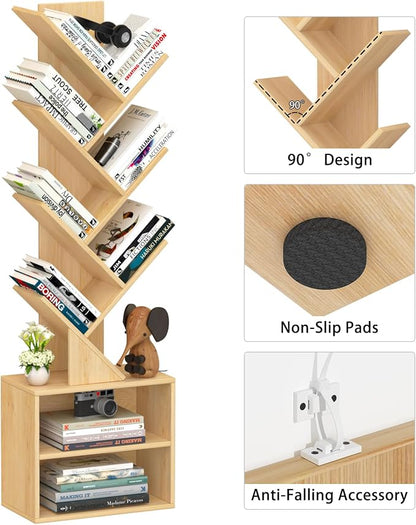 SHEEPAM 10 Tier Tree Bookshelf,Christmas Green Bookcase for Narrow Space, Storage Organizer Floor Standing Bookshelves for Books, Tall Book Case for Home Office, Living Room, Bedroom