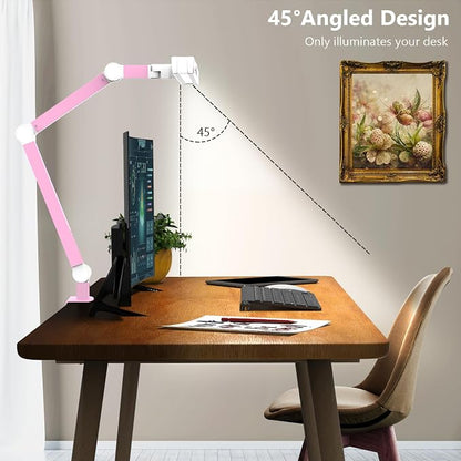 Micomlan Architect Desk Lamp for Home Office, Pink Desk Lamp with Clamp for Working, 24W Bright Rotatable Led Table Light Stepless Dimming Tempering Wide Computer Light for Crafting Puzzle Hobby