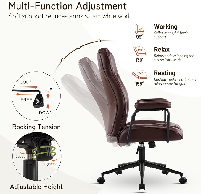 Furniliving Leather Office Chair, Comfy Home Office Desk Chair, Mid Century Modern Office Chair with Lumbar Support, Mid-Back Adjustable Swivel Computer Chair with Wheels and Arms, Dark Brown