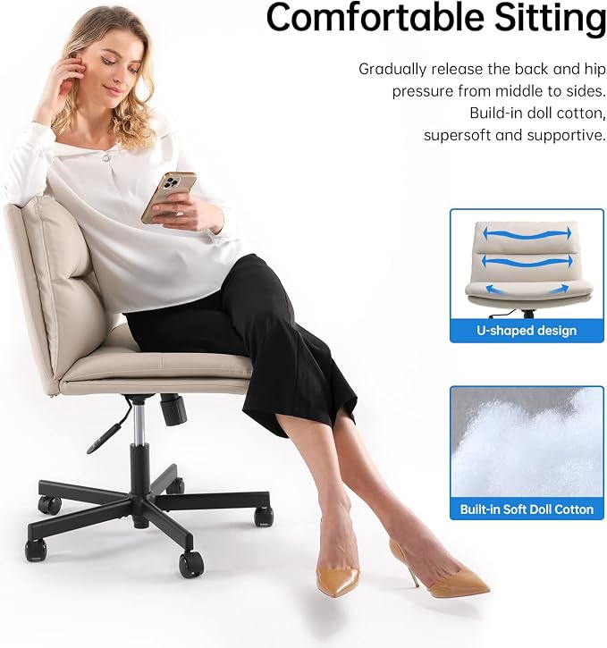 EMIAH Criss Cross Chair with Wheels Home Office Desk Chairs PU-Padded Vanity Chair Mid-Back Ergonomic Computer Chair Comfortable Adjustable Swivel Desk Chair Comfy