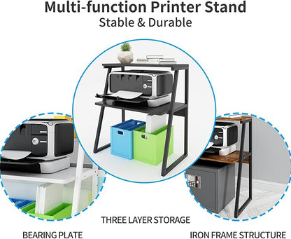 PUNCIA 3 Tier Wood Desktop Printer Stand Large Capacity Storage Rack | Black Heavy Duty Shelf Fits Laser Printers Copiers Fax Machines Books Organizer for Home Office Dorm Room