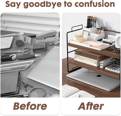ShellKingdom Desk Shelf Organizer, 2 Tier Desktop Shelves, Adjustable Bookshelf Storage Rack and Office Cubicle Decor for Tabletop, School, Office, Dorm Organization (Black Frame + Wood Board)