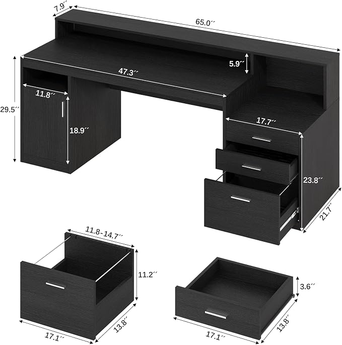 YOMILUVE Computer Desk with 3 Drawer & Storage Shelves, Home Office Desk with File Drawer & Cabinet, Writing Study Table with Long Monitor Stand & Printer Shelf, Executive Desk, Black