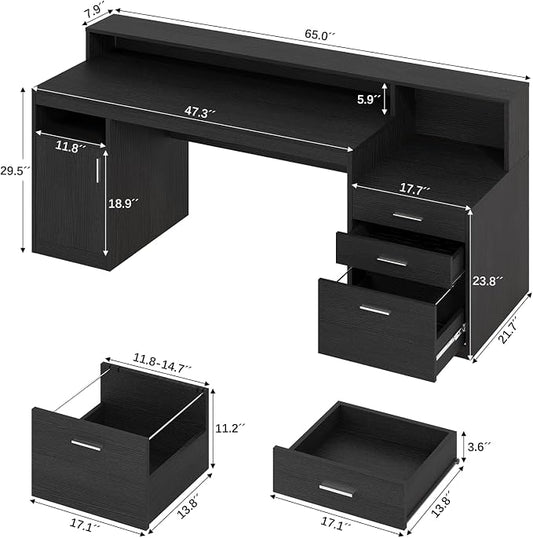 YOMILUVE Computer Desk with 3 Drawer & Storage Shelves, Home Office Desk with File Drawer & Cabinet, Writing Study Table with Long Monitor Stand & Printer Shelf, Executive Desk, Black
