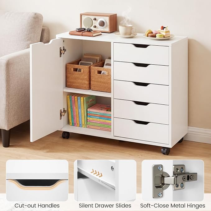 Giantex 5-Drawer File Cabinet with Wheels, Wooden Rolling Lateral Filing Cabinet with Door and Adjustable Shelf, Chest of Drawers, Mobile Printer Stand Organizer for Home Office and Bedroom (White)