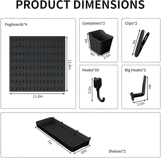 SHGJ&SOFT Peg Board Wall Organizer Panels, 22pcs - Includes 4 Black Pegboards & Accessories, Plastic Pegboard for Home，Office, Craft Room, Gaming Setup, 24″×24″, Wall Mount Display Pegboard Panel Kits