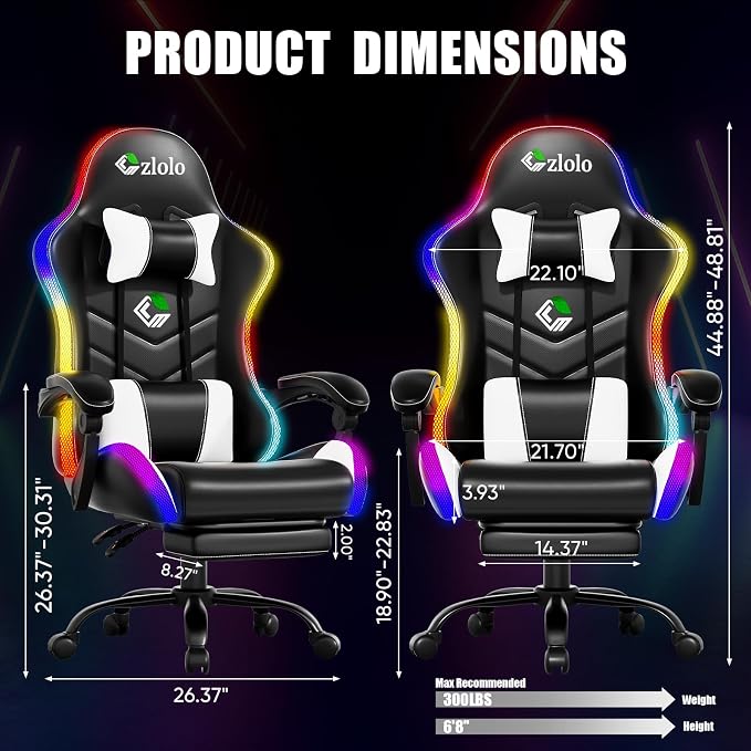 Czlolo Gaming Chair, 2026 Upgraded RGB LED Lights Computer Chair with Footrest, Lumbar Support Massager Gamer Chair, High Back, 90-135° Reclining, Linkage Armrests, White