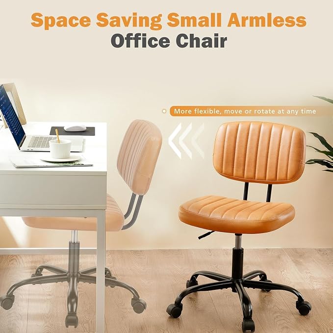 Simple Deluxe Small Office Desk Chair with Wheels, Armless Office Chair Low Back Lumbar Support, PU Leather Computer Task Swivel Vanity Rolling Chair No Arms for Small Space, Home, Brown