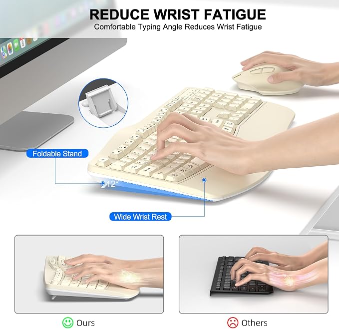 Wireless Keyboard and Mouse Combo, Ergonomic Wave Keys (Latte) | 2.4G Full Size Wave Keyboard with Wrist Rest, 3-Level DPI Adjustable Ergonomic Mouse for Windows and Mac OS Desktop/Laptop/PC