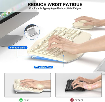 Wireless Keyboard and Mouse Combo, Ergonomic Wave Keys (Latte) | 2.4G Full Size Wave Keyboard with Wrist Rest, 3-Level DPI Adjustable Ergonomic Mouse for Windows and Mac OS Desktop/Laptop/PC