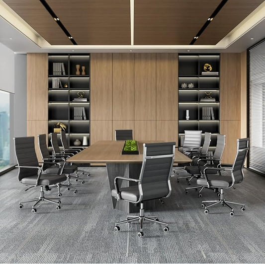 Okeysen Grey Office Desk Chair, Ergonomic Leather Modern Conference Room Chairs, Executive Ribbed Height Adjustable Swivel Rolling Chair for Home Office.
