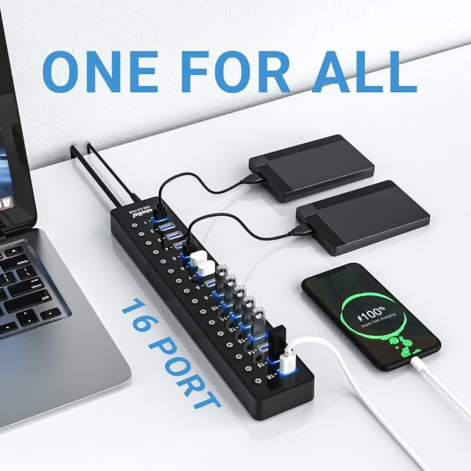 Power USB Hub 3.0, atolla 16 Port USB Splitter with 12V/6A Power Adapter and Individual Switches, High-Speed Data Transfer for Laptop, PC, Mac, and More Devices