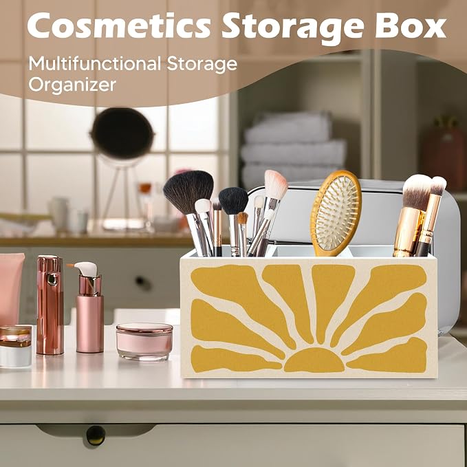 DILSJ Boho Abstract Sunshine Pen Pencil Holder Organizer for Desk, Boho Office Decor, Groovy Retro Abstract Sunshine Wooden Box Signs for Home Office Desk Tabletop Decoration