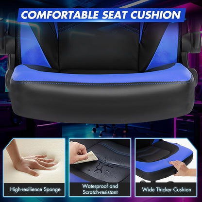 Sweetcrispy Computer Video Game Desk Chair: Ergonomic Comfy Lumbar Support, PU Leather with Flip-up Armrest, Height Adjustable and 360° Swivel, for Adults, Black Blue