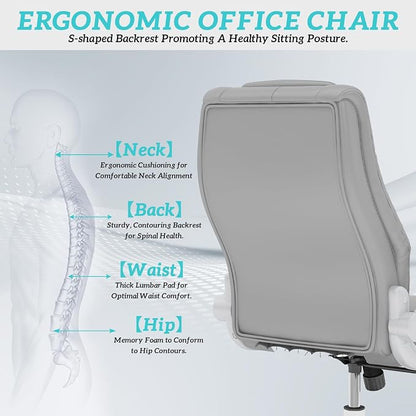 GYI High Back Executive Office Desk Chair, Leather Computer Chair, Grey | 2.6"Rubber Wheels, Flip-up Arms, Heavy Duty Base, Thick Padded Seat, Lumbar Support, Home, Conference Rooms, Reception Areas