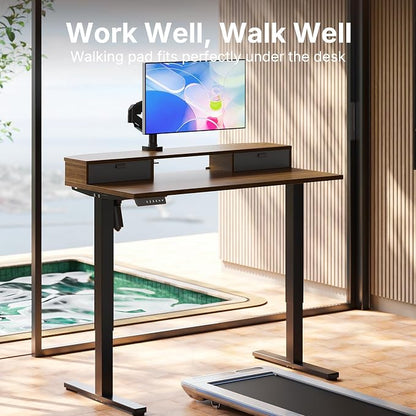HUANUO 47.2" X 23.6" Electric Standing Desk with 2 Drawers, C-Clamp Mount Compatible, Height Adjustable Computer Desk, Home Office Stand Up Desk with 4 Preset Heights & 2 Hooks, Walnut