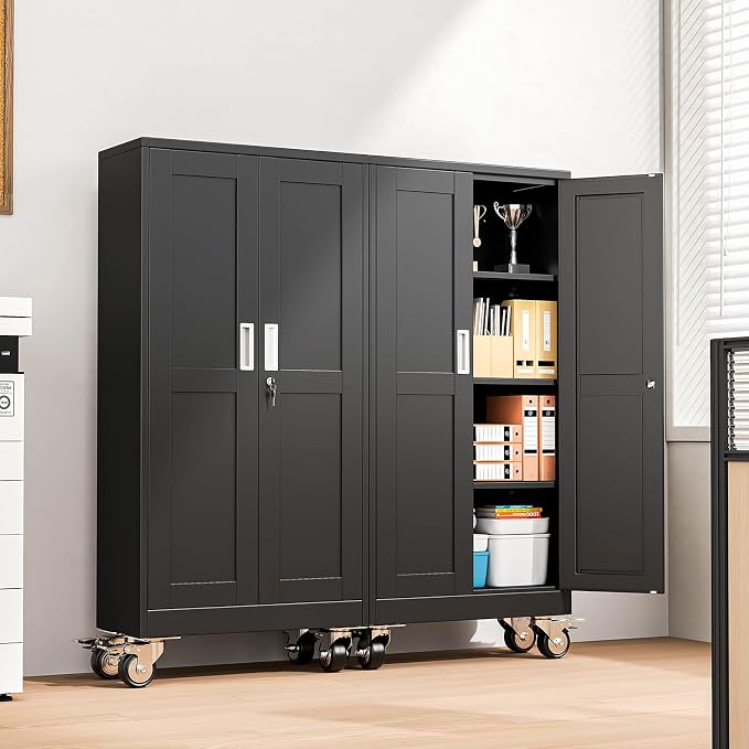 pozdeg 61" Metal Garage Storage Cabinets with Wheels, Lockable Rolling File Cabinets with 2 Doors and 3 Adjustable Shelves, Steel Tool Organizer Locker for Office Home Garage Gym School, Black