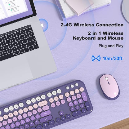 Atelus Wireless Keyboard and Mouse, 2.4G USB Retro Full Size Typewriter Keyboard and Cute Mouse Combo for Windows 7/8/10, Laptop, Desktop, PC, Computer (Purple)