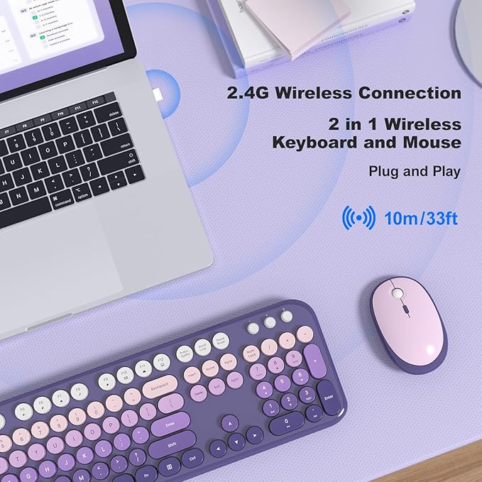 KNOWSQT Wireless Keyboard Mouse Combo - Lovely Purple-Gradient Rainbow Full-Sized Typewriter Colorful Keyboards, Round Keycap Plug Play Retro Cute Keyboards for Windows, Laptop, PC, Desktop, Computer