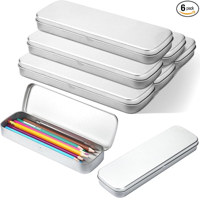 Feifeiya 6 Pcs Back to School Tin Pencil Case Metal Pencil Case Empty Hinged Stainless Steel Box Rectangular for Brushes Crayon