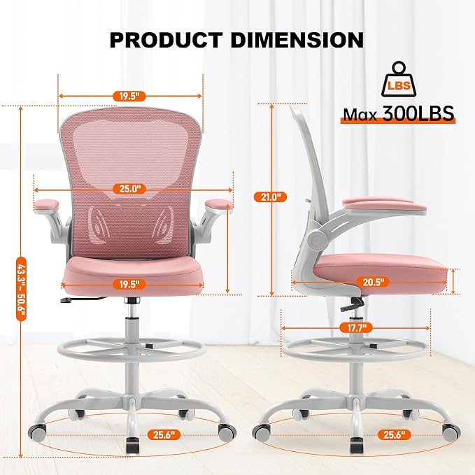 Synorla Ergonomic Drafting Chair, Tall Mesh Office Chair with Flip-up Armrests, Lumbar Support & Adjustable Footrest Ring for Standing Desk Gray Pink
