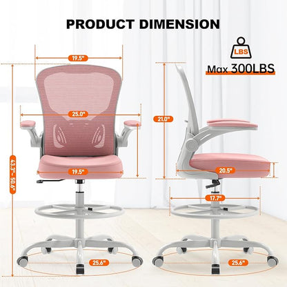Synorla Ergonomic Drafting Chair, Tall Mesh Office Chair with Flip-up Armrests, Lumbar Support & Adjustable Footrest Ring for Standing Desk Gray Pink