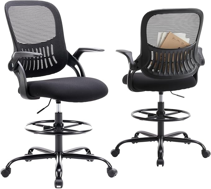 DUMOS Drafting Chair for Standing Desk, Counter Height Adjustable, Flip-up Arms, Ergonomic Mid Back Mesh Rolling Work 360° Swivel Office Computer Chairs with Wheels, for Bedroom Livingroom, Ink