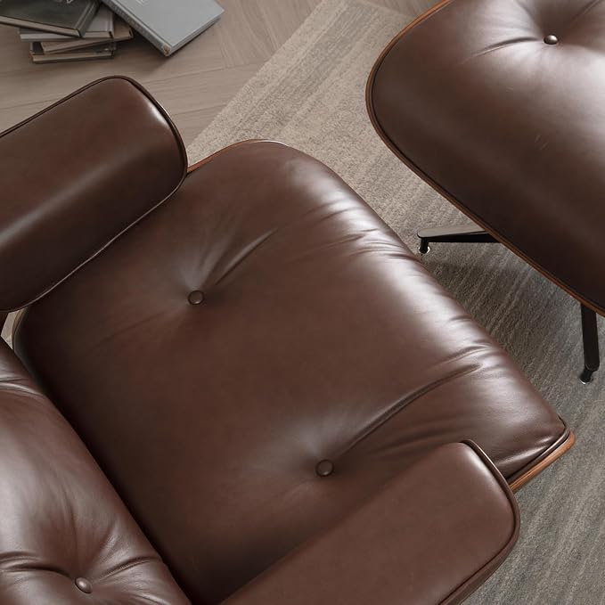 Mid Century Chaise Lounge Chair with Ottoman, Luxury Oil-Waxed Leather Reading Chair, Modern Chair Classic Design, Heavy Duty Base Support for Living Room Study Lounge Office Walnut Dark Brown