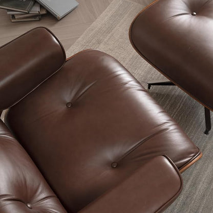 Mid Century Chaise Lounge Chair with Ottoman, Luxury Oil-Waxed Leather Reading Chair, Modern Chair Classic Design, Heavy Duty Base Support for Living Room Study Lounge Office Walnut Dark Brown