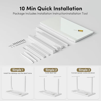 BANTI Electric Standing Desk with Drawers, 48 inch Whole-Piece Glass Desktop, Height Adjustable Stand up Sit Stand Home Office Ergonomic Workstation, White Tabletop