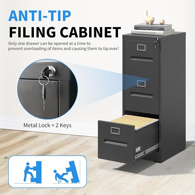3 Drawer File Cabinet, Vertical File Cabinet with Lock, Metal Locking Filing Storage Cabinet for Home Office, Hanging Files for A4/ Legal/Letter, Assembly Required, Black