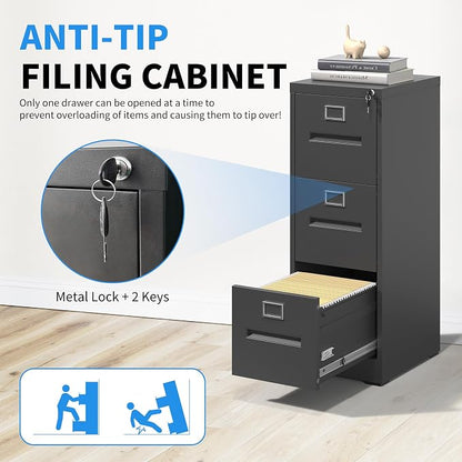 3 Drawer File Cabinet, Vertical File Cabinet with Lock, Metal Locking Filing Storage Cabinet for Home Office, Hanging Files for A4/ Legal/Letter, Assembly Required, Black